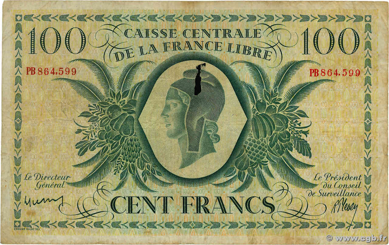 100 Francs ISLA DE LA REUNIóN  1945 P.37b RC+