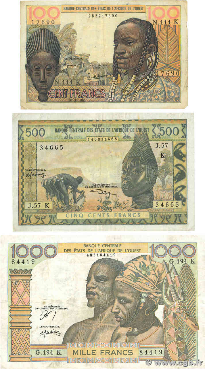 100 Francs Lot ÉTATS DE L AFRIQUE DE L OUEST  1961 P.701Ka, P.702Ki et P.703Kn TB