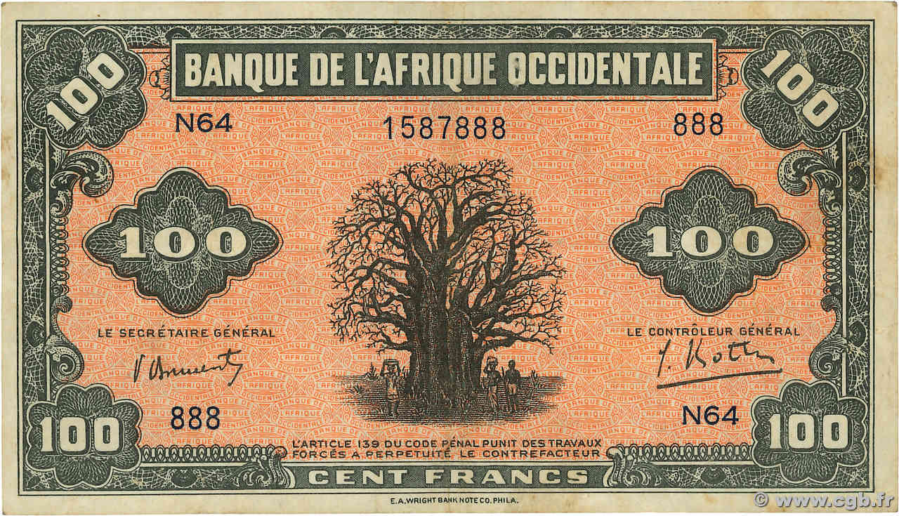 100 Francs Numéro spécial AFRIQUE OCCIDENTALE FRANÇAISE (1895-1958)  1942 P.31a TTB