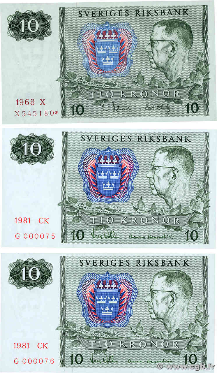 10 Kronor Lot SUÈDE  1968 P.52br1 et P.52e pr.NEUF