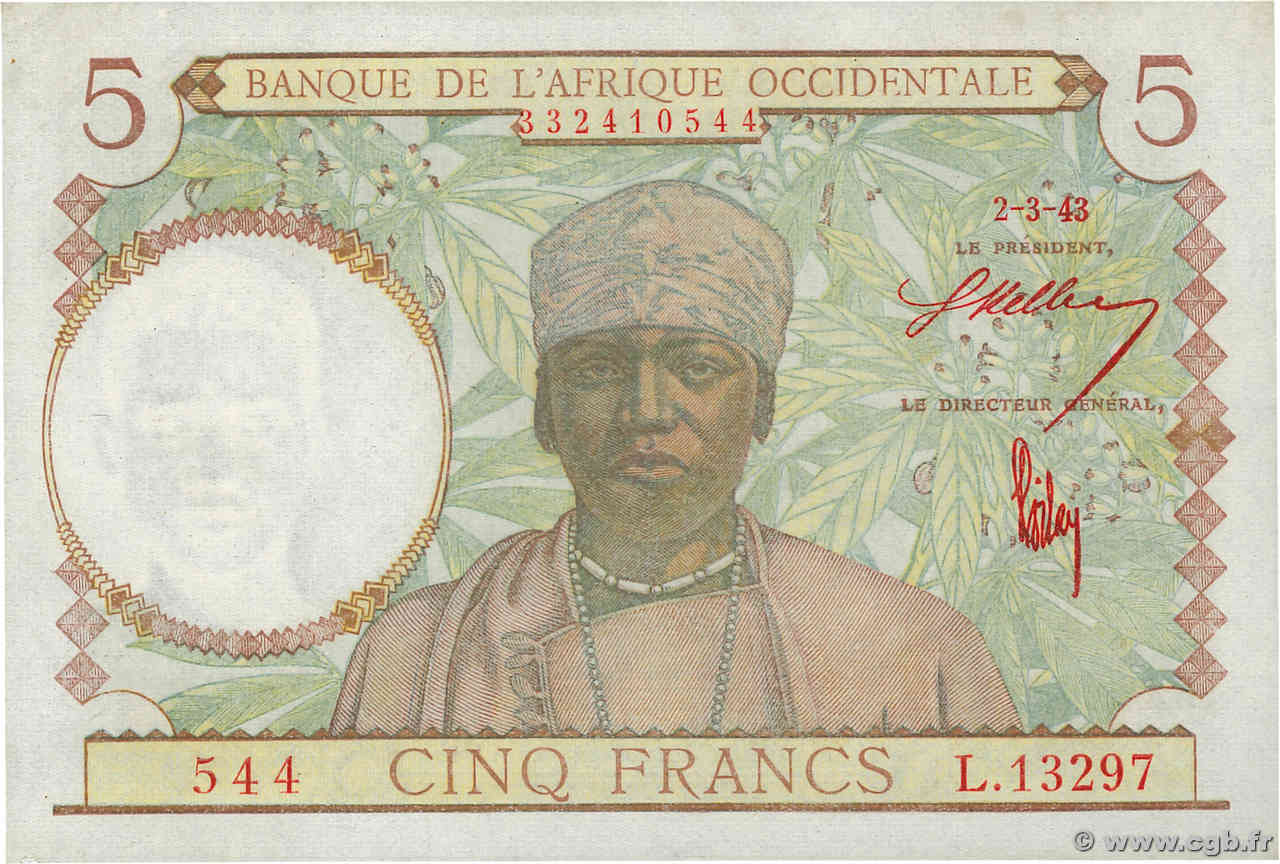 5 Francs FRENCH WEST AFRICA  1943 P.26 FDC