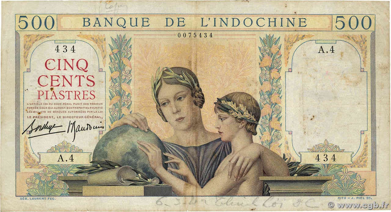 500 Piastres INDOCHINE FRANÇAISE  1939 P.057 TB+