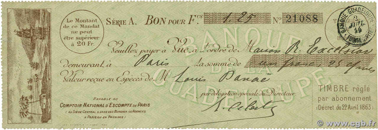 1,25 Francs GUADELOUPE Pointe-à-Pitre  1914 DOC.Cheque MBC