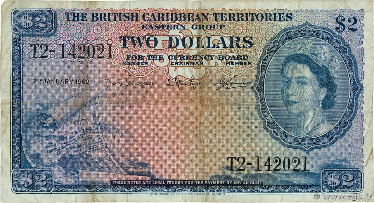 2 Dollars CARIBBEAN   1962 P.08c F+