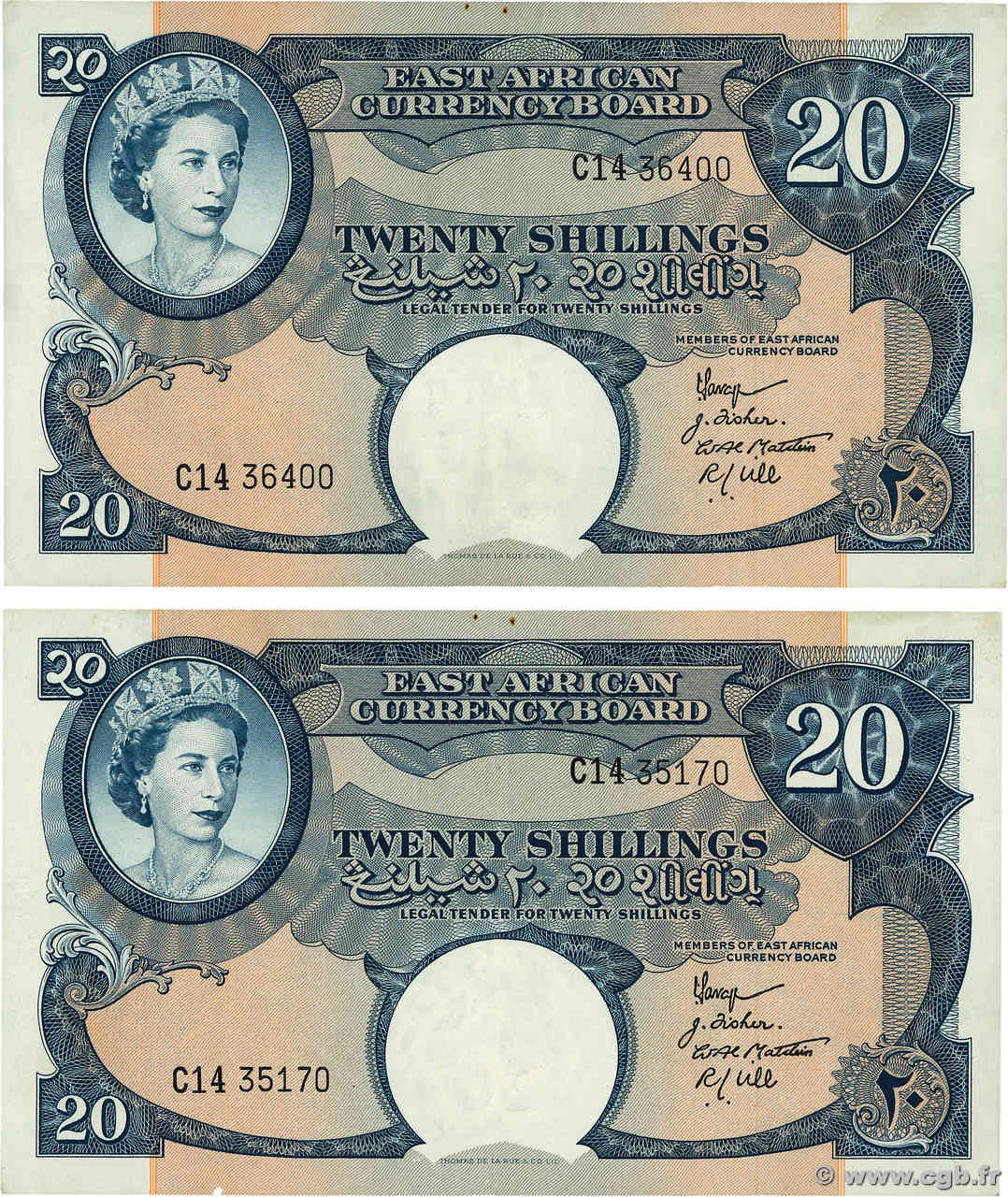 20 Shillings Lot AFRIQUE DE L EST  1958 P.39 TTB+
