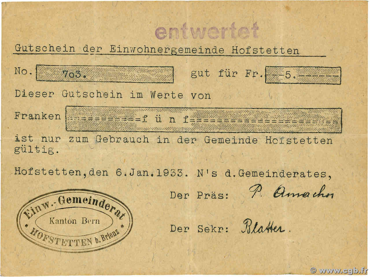 5 Francs SUISSE Hofstetten 1921 P.- SS