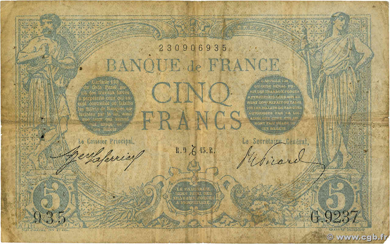 5 Francs BLEU FRANKREICH  1915 F.02.34 fS