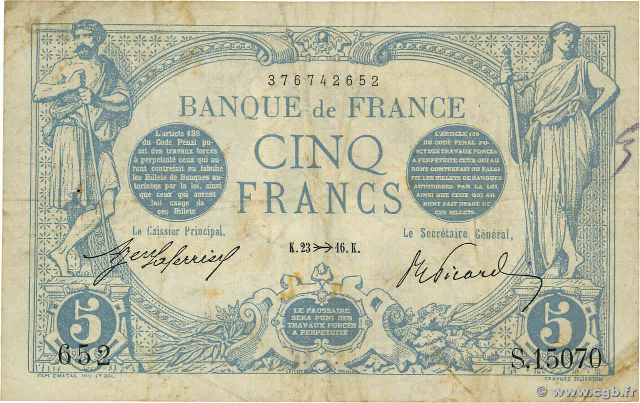 5 Francs BLEU FRANKREICH  1916 F.02.45 S