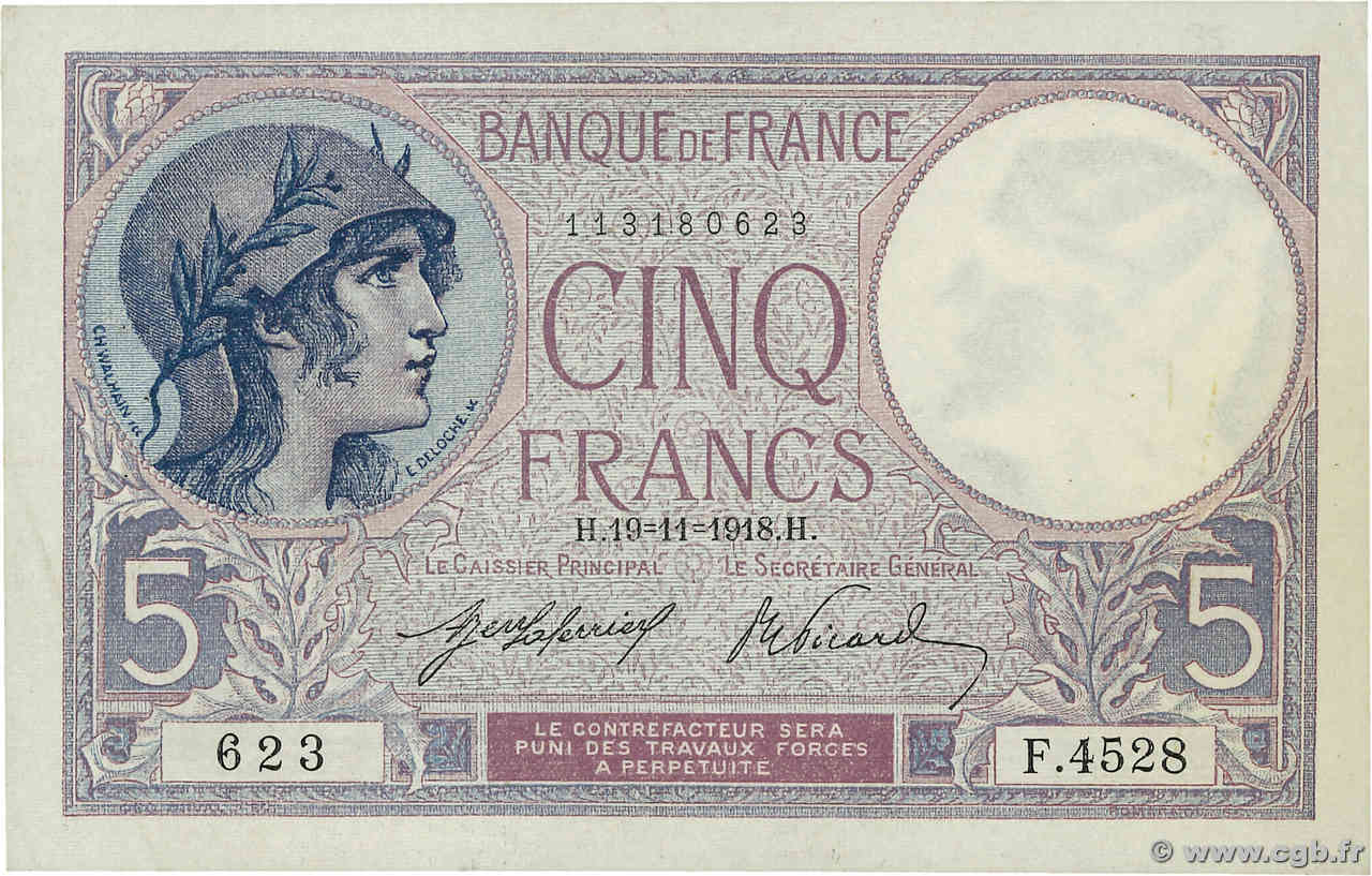 5 Francs FEMME CASQUÉE FRANCIA  1918 F.03.02a SPL