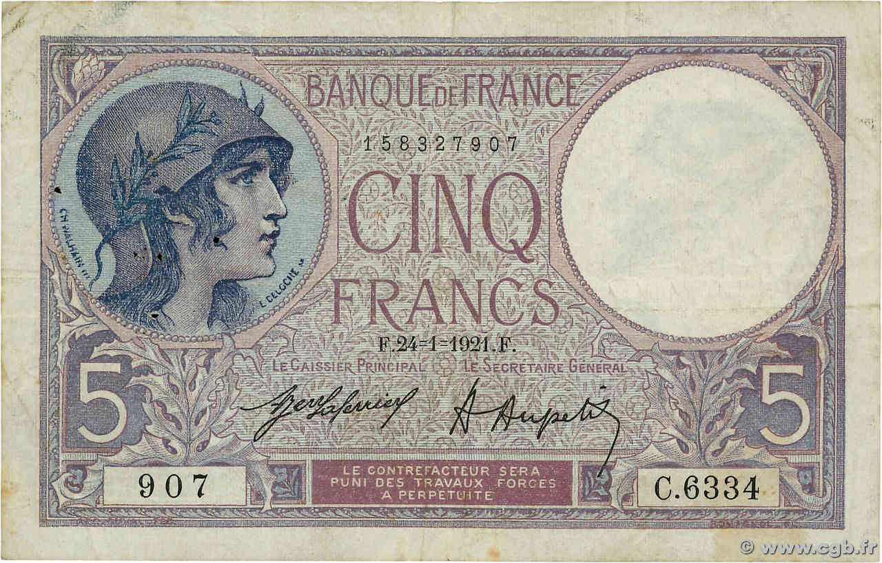 5 Francs FEMME CASQUÉE FRANCE  1921 F.03.05 F+