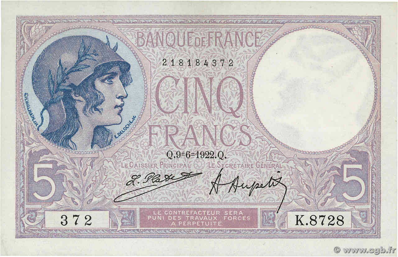 5 Francs FEMME CASQUÉE FRANCE  1922 F.03.06 SUP