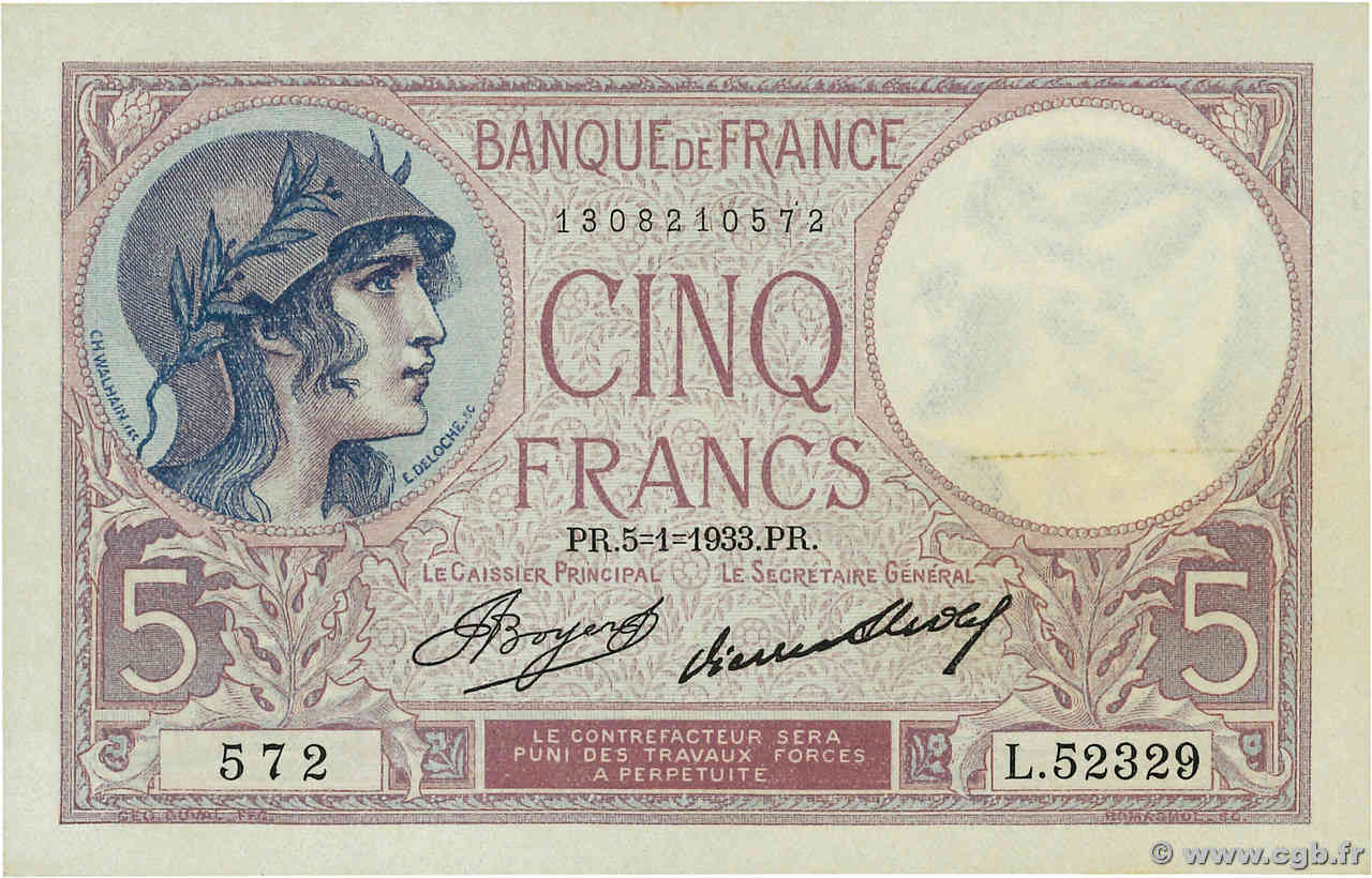 5 Francs FEMME CASQUÉE FRANCE  1933 F.03.17 SPL+