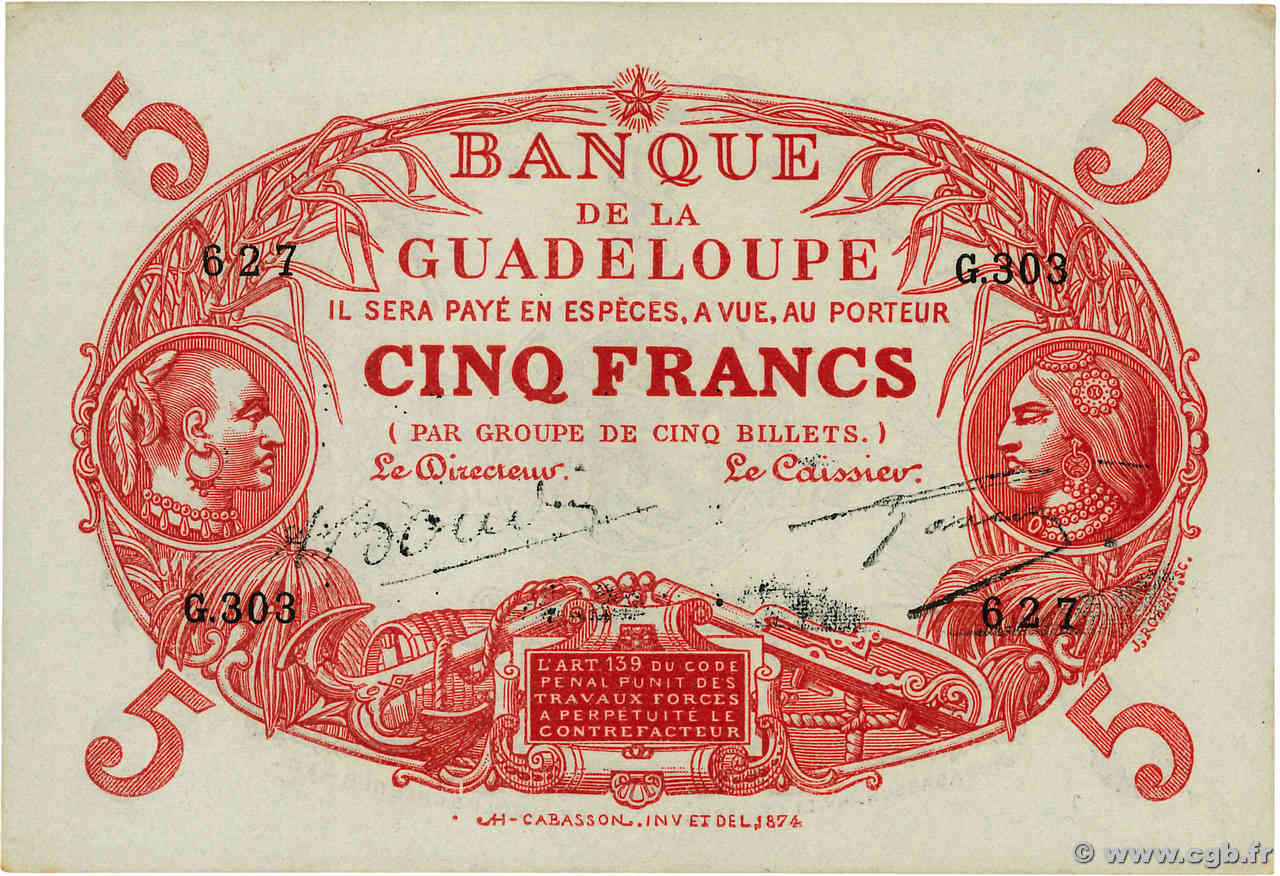 5 Francs Cabasson rouge GUADELOUPE  1945 P.07 pr.SPL