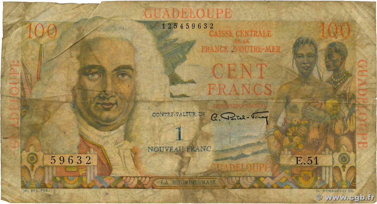 1 NF sur 100 Francs La Bourdonnais GUADELOUPE  1960 P.41 B