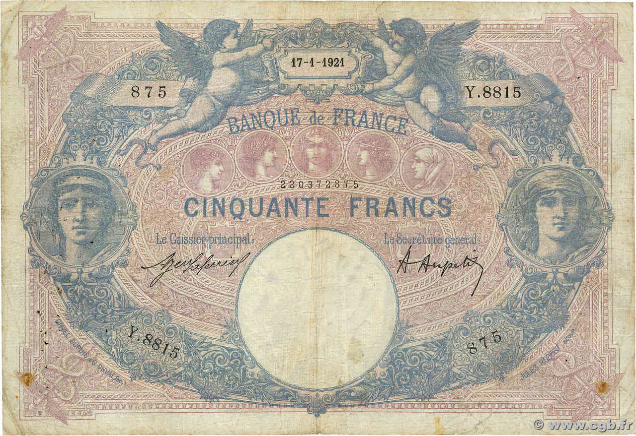 50 Francs BLEU ET ROSE FRANCE  1918 F.14.31 B+