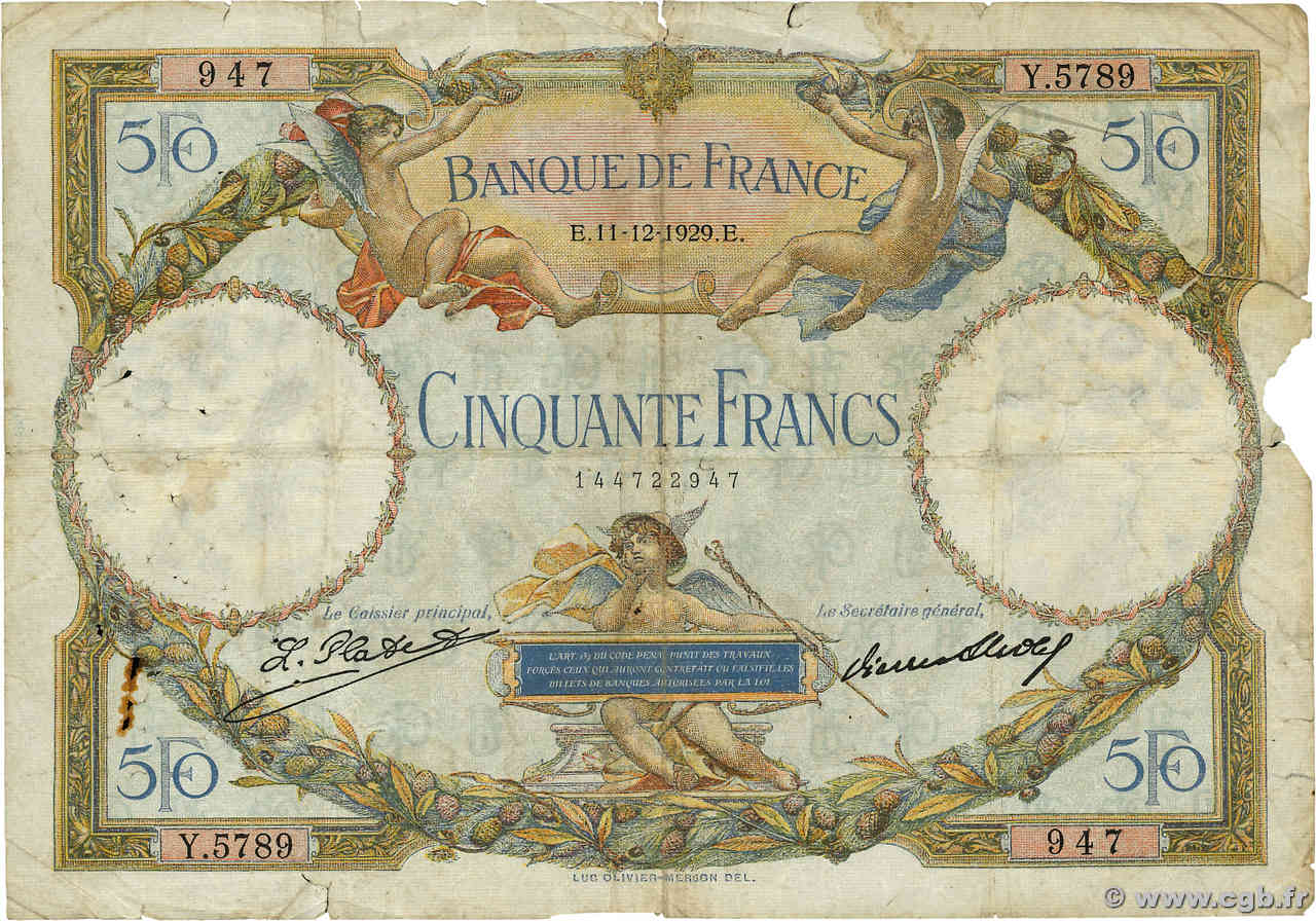 50 Francs LUC OLIVIER MERSON FRANCE  1929 F.15.03 B