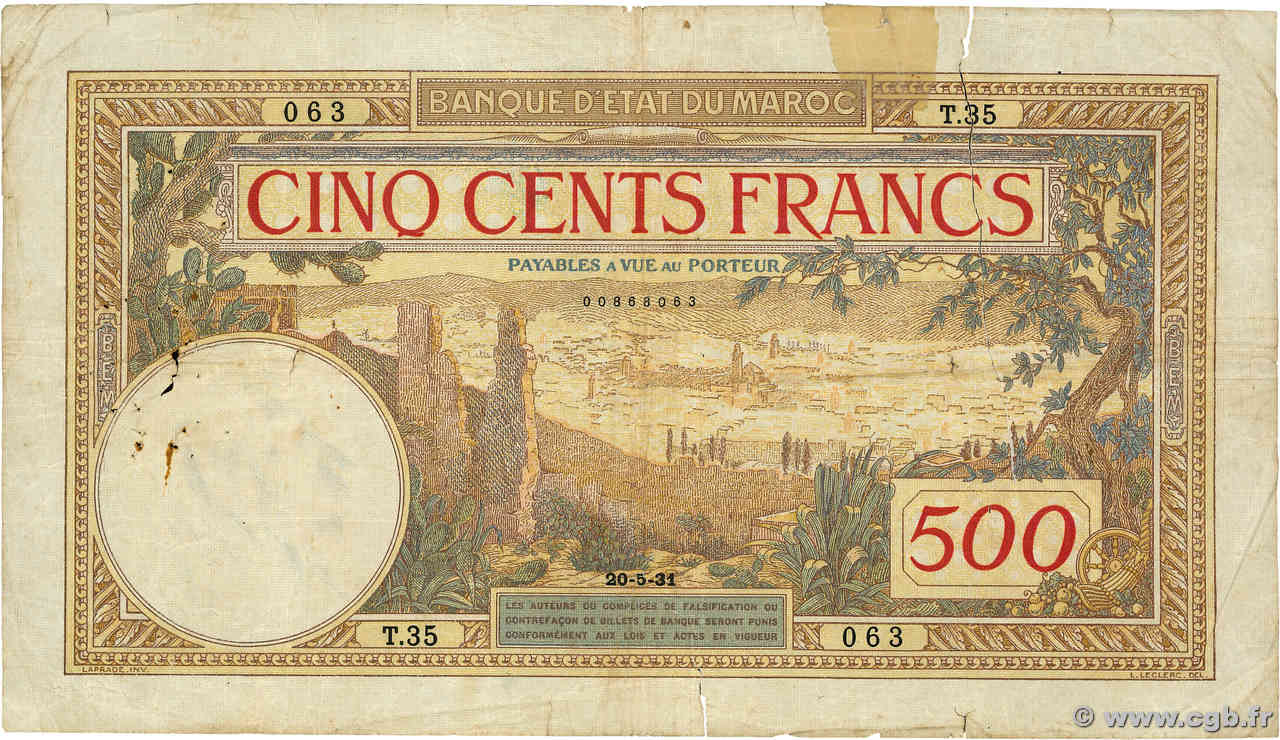 500 Francs MOROCCO  1931 P.15a G