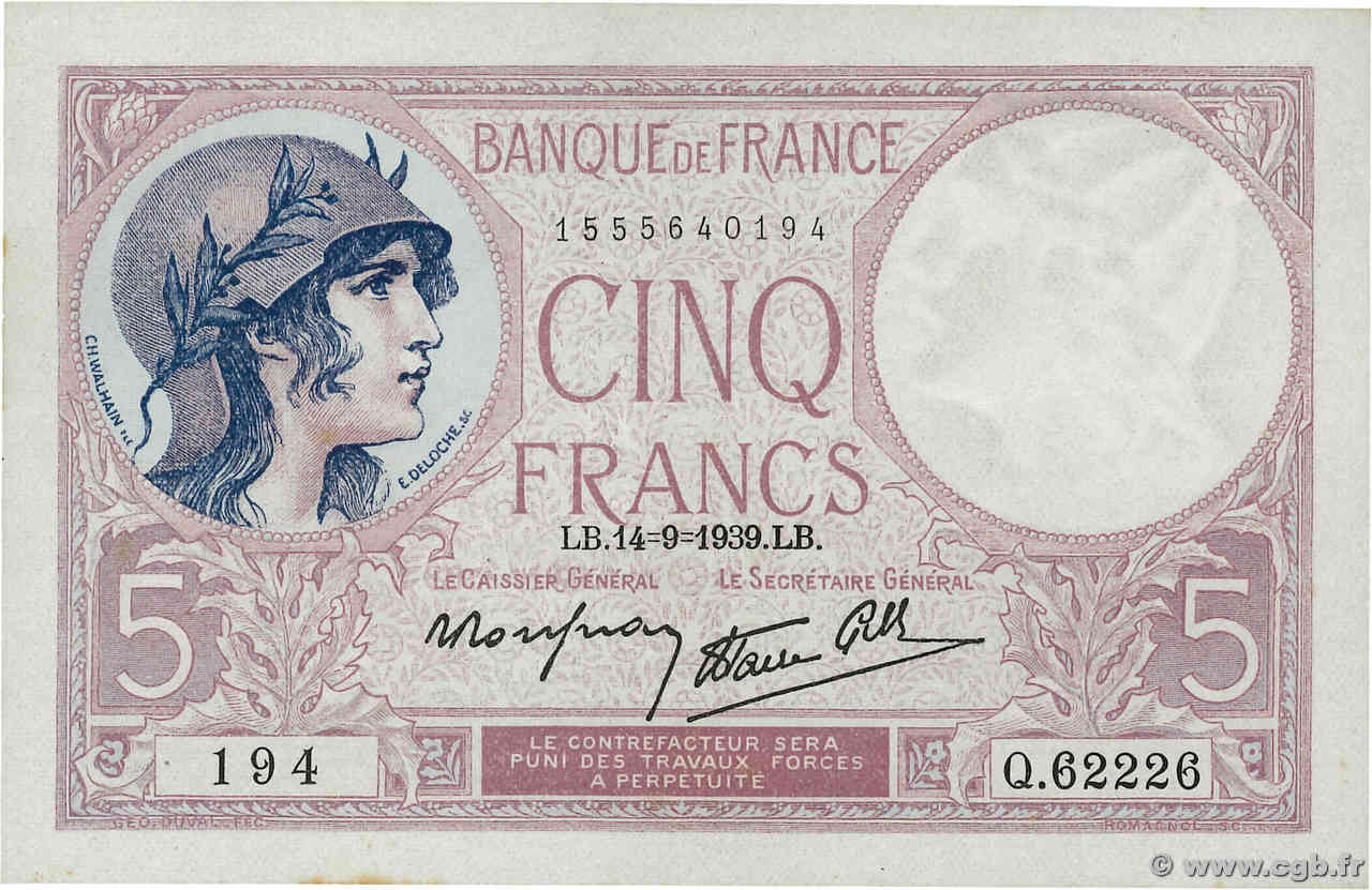 5 Francs FEMME CASQUÉE modifié FRANCE  1939 F.04.08 XF