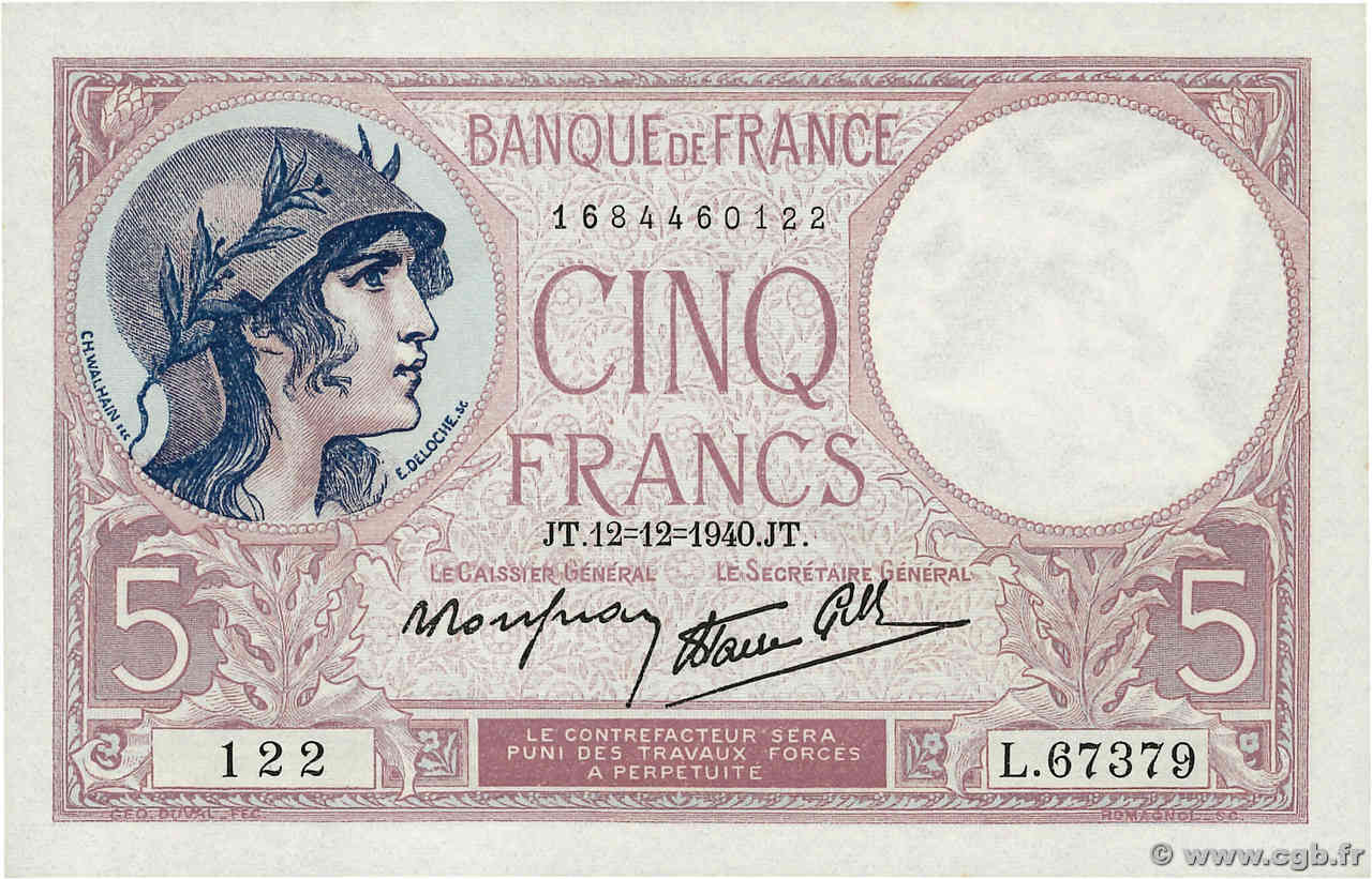 5 Francs FEMME CASQUÉE modifié FRANCE  1940 F.04.17 UNC