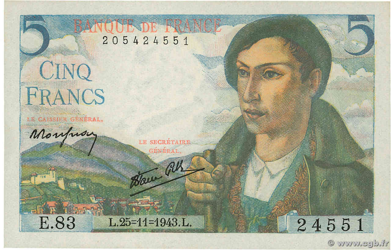 5 Francs BERGER FRANCE  1943 F.05.04 UNC