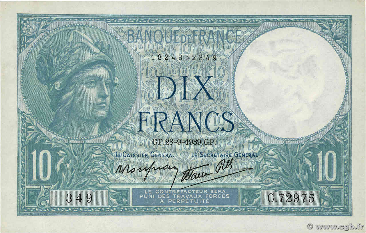 10 Francs MINERVE modifié FRANCE  1939 F.07.09 XF