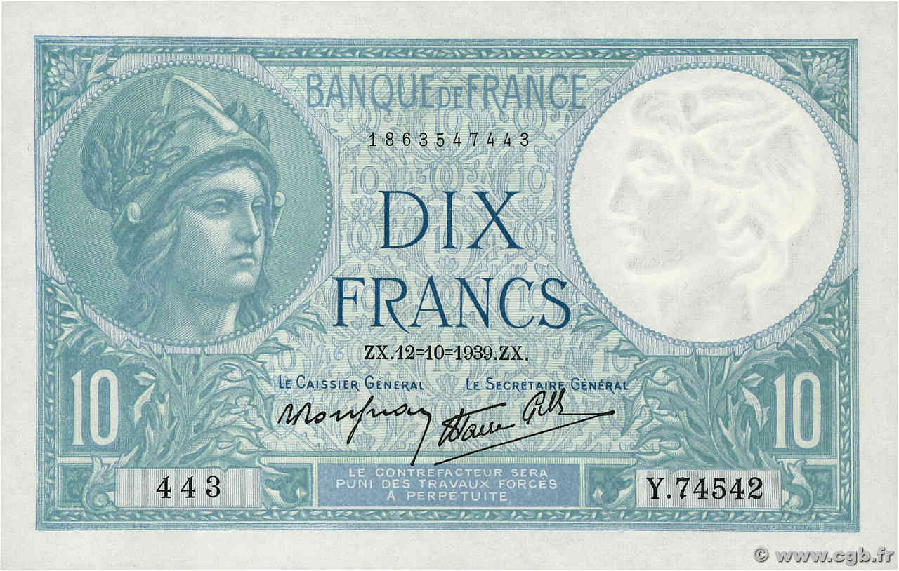 10 Francs MINERVE modifié FRANCE  1939 F.07.11 pr.SPL