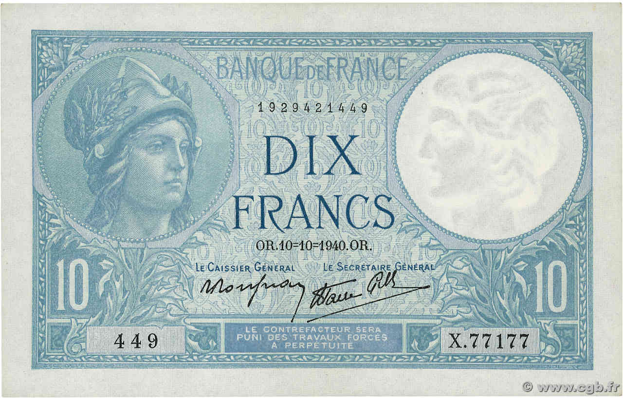 10 Francs MINERVE modifié FRANCE  1940 F.07.16 SUP+