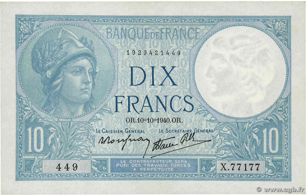 10 Francs MINERVE modifié FRANCE  1940 F.07.16 XF+