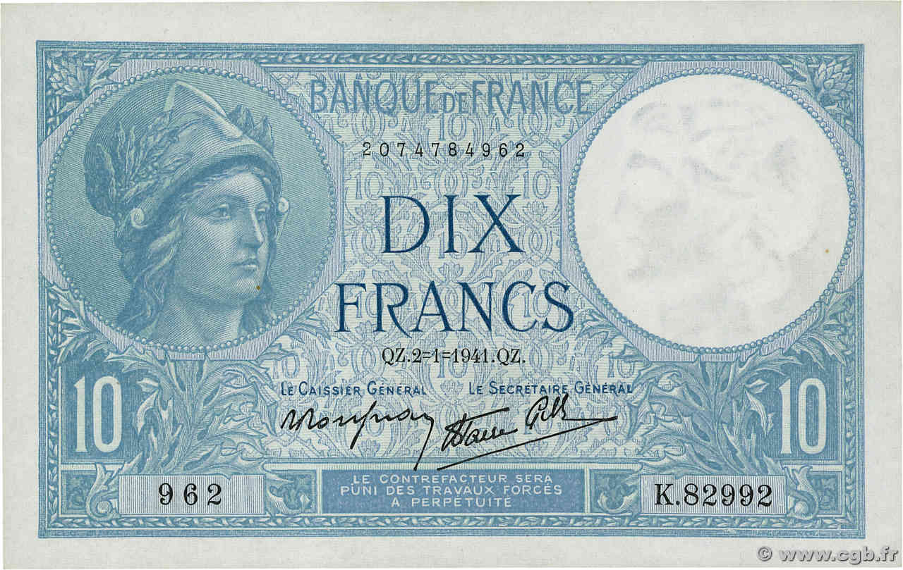 10 Francs MINERVE modifié FRANKREICH  1941 F.07.26 VZ