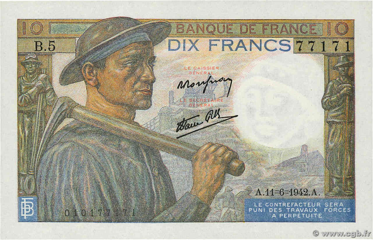 10 Francs MINEUR FRANCIA  1942 F.08.03 SC+