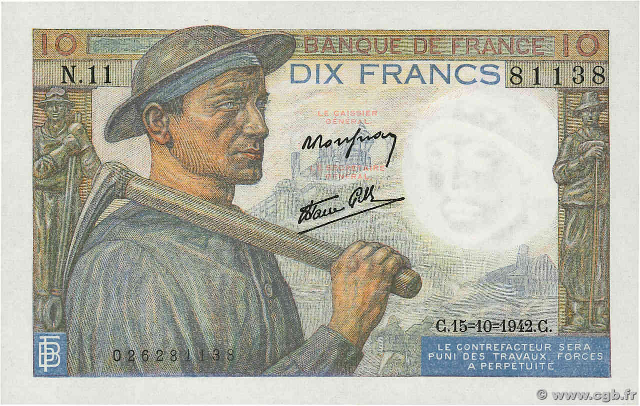 10 Francs MINEUR FRANCIA  1942 F.08.04 AU+