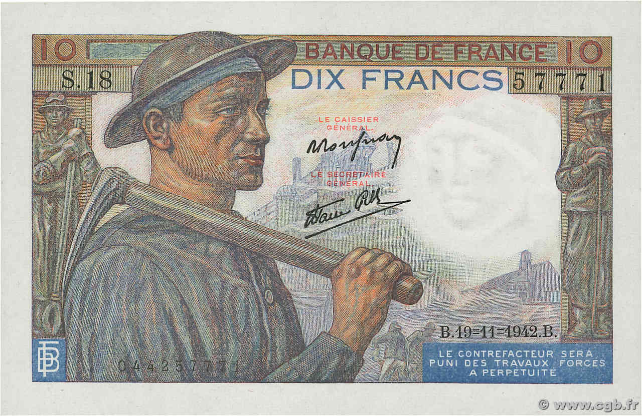 10 Francs MINEUR FRANCIA  1942 F.08.05 FDC