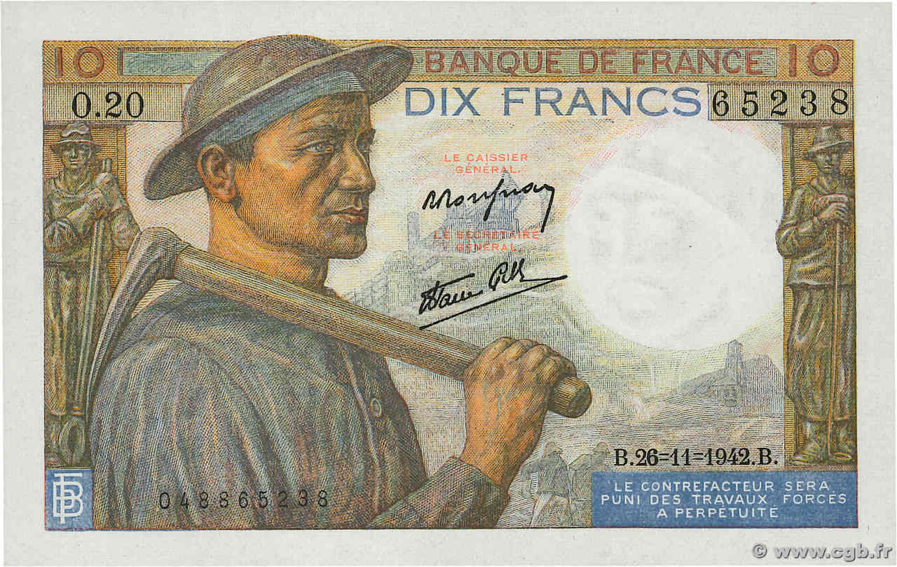 10 Francs MINEUR FRANCIA  1942 F.08.06 FDC