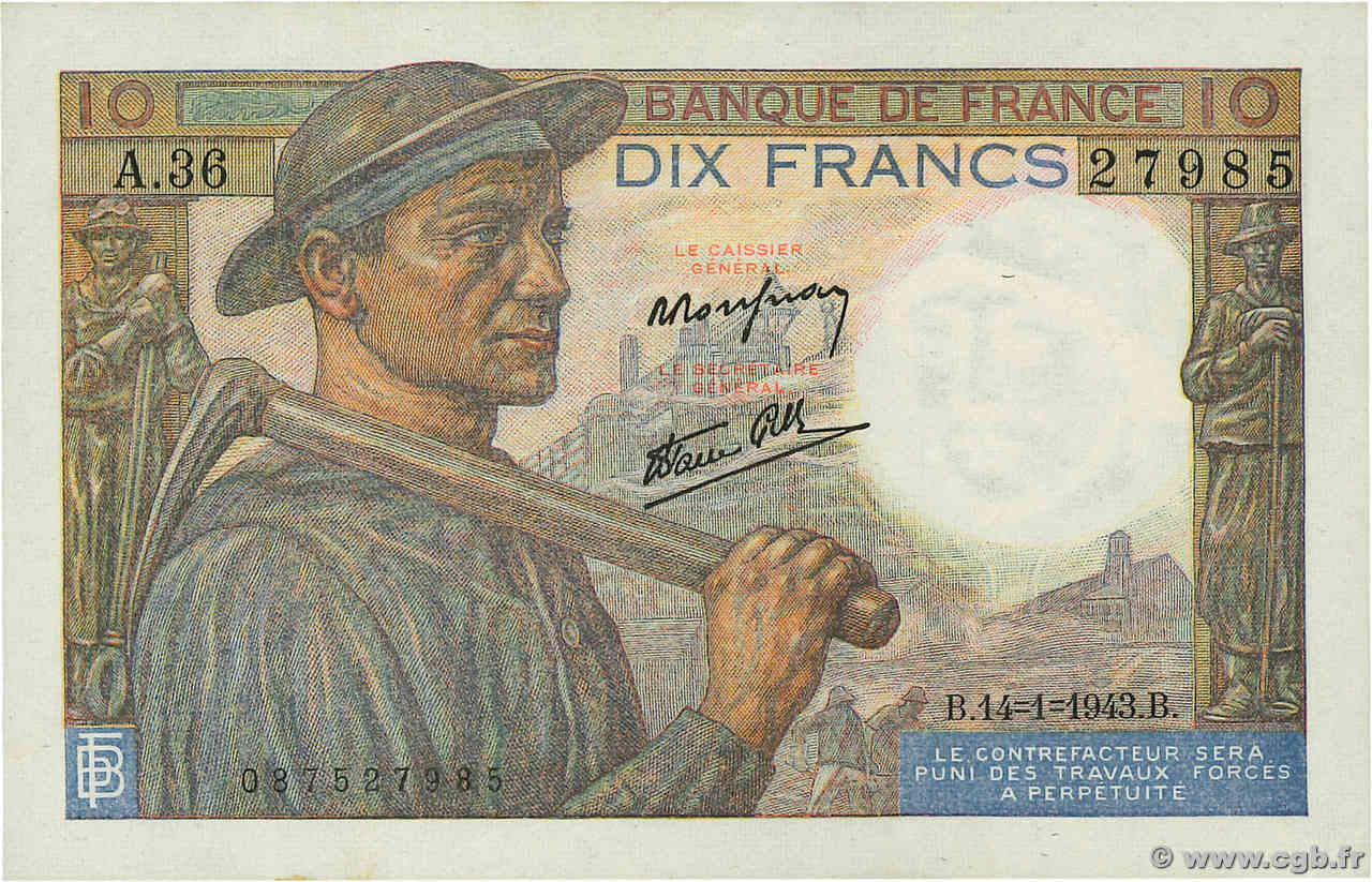 10 Francs MINEUR FRANCE  1943 F.08.07 SUP