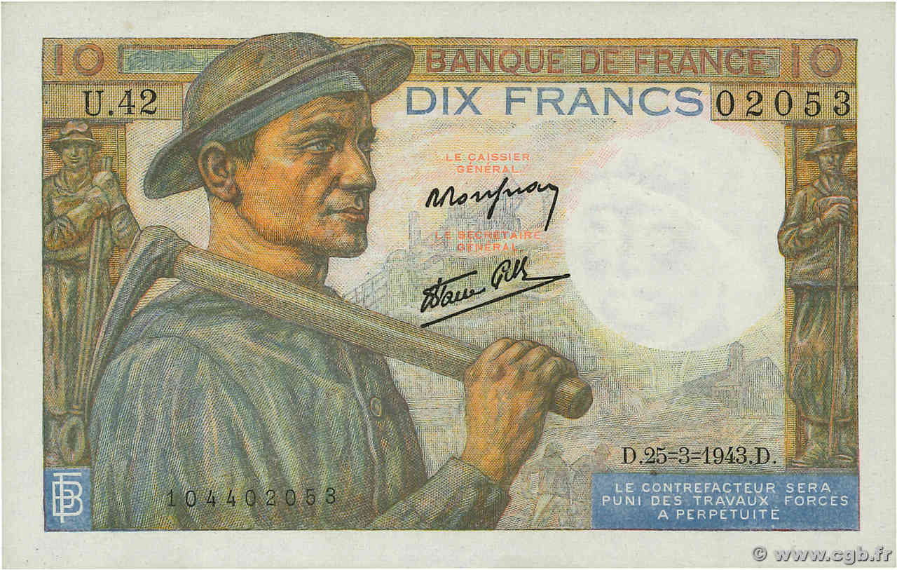 10 Francs MINEUR FRANCE  1943 F.08.08 UNC-