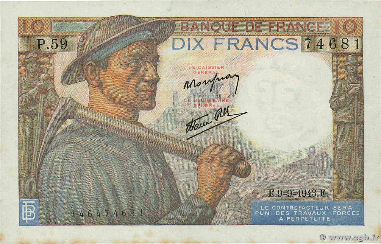 10 Francs MINEUR FRANCE  1943 F.08.09 AU