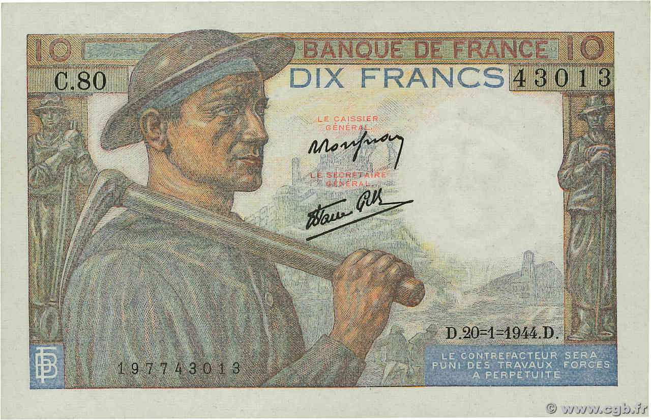 10 Francs MINEUR FRANCIA  1944 F.08.11 EBC+
