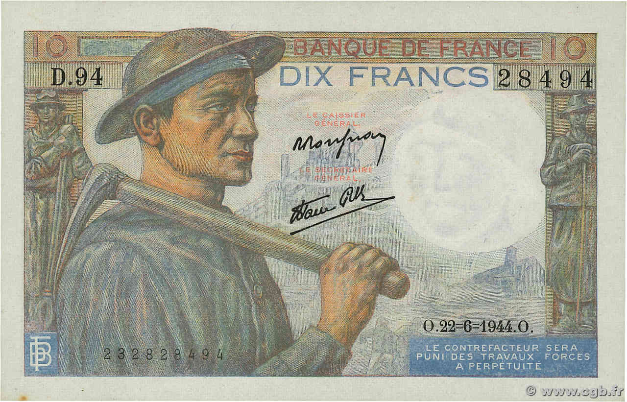 10 Francs MINEUR FRANCE  1944 F.08.12 pr.NEUF