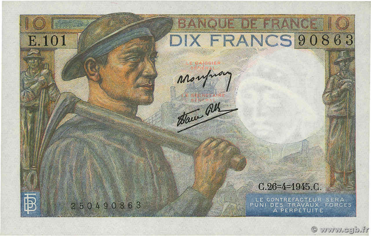 10 Francs MINEUR FRANCE  1945 F.08.14 UNC