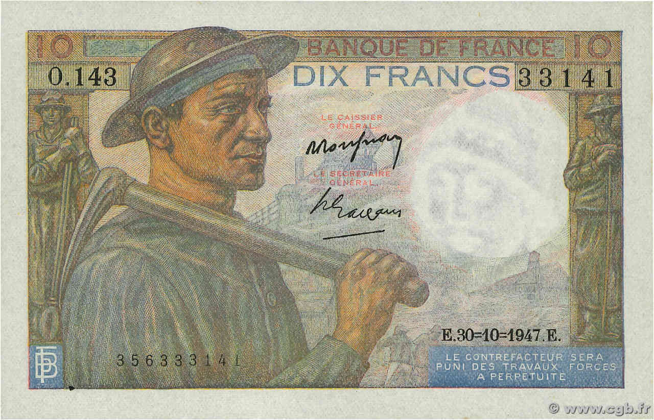 10 Francs MINEUR FRANCE  1947 F.08.18 UNC-