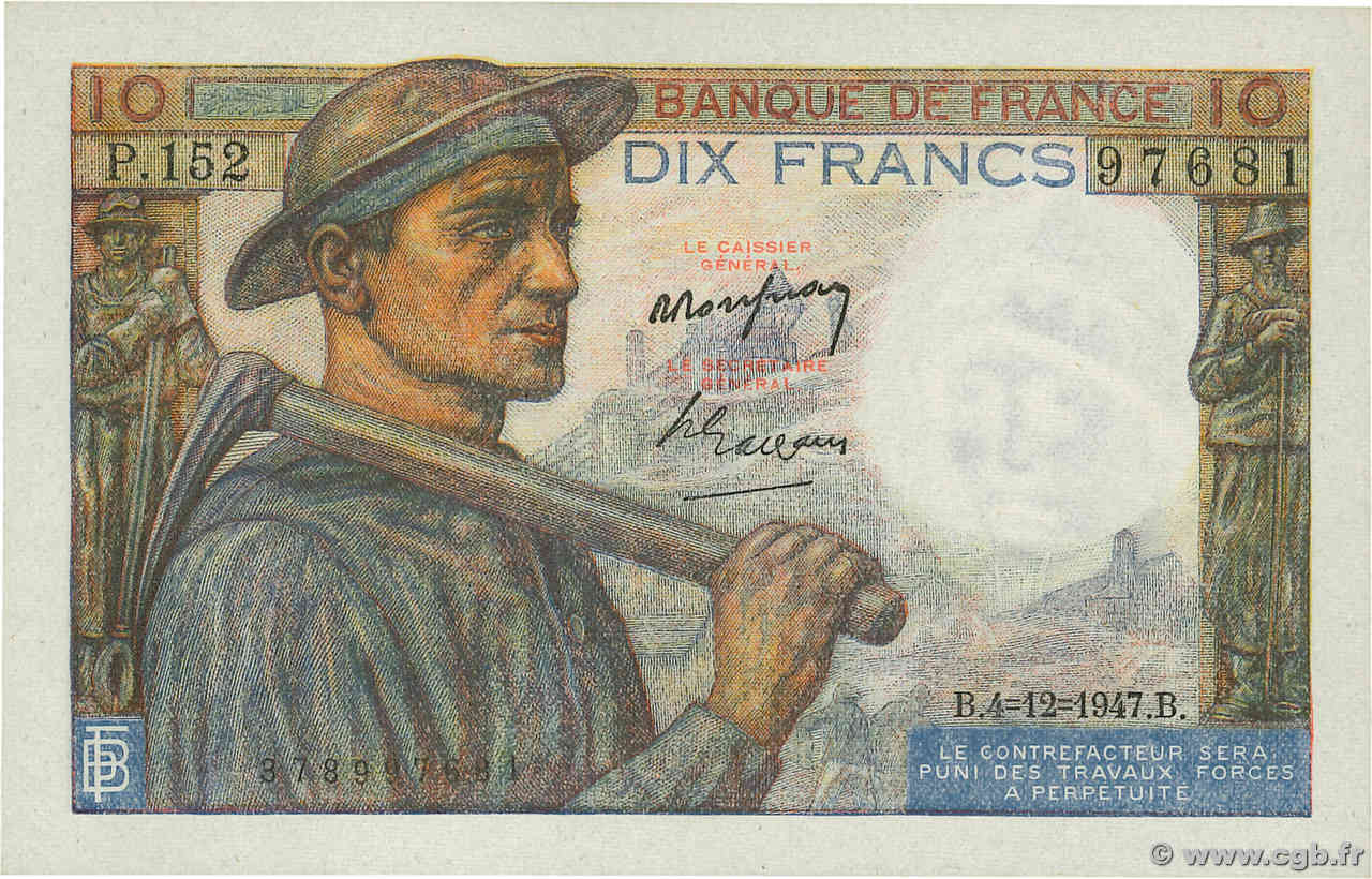 10 Francs MINEUR FRANCIA  1947 F.08.19 q.FDC