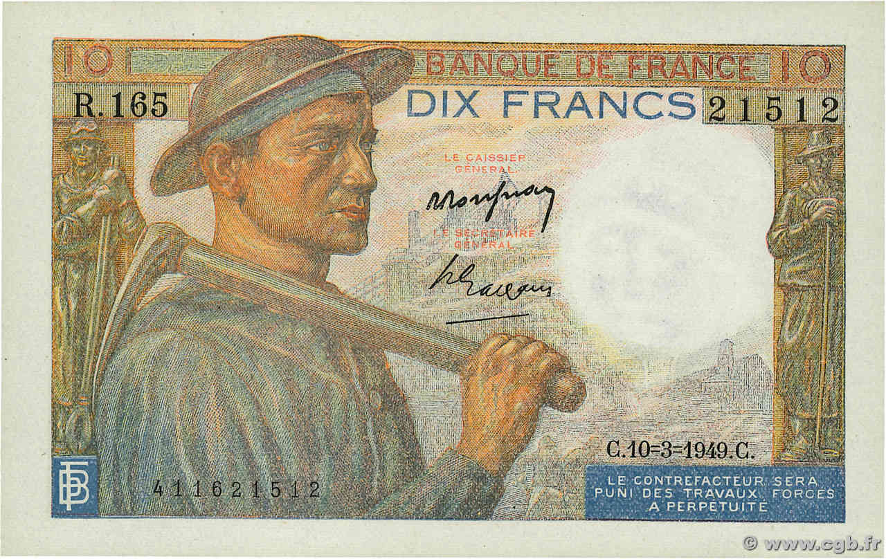 10 Francs MINEUR Numéro radar FRANCE  1949 F.08.20 AU