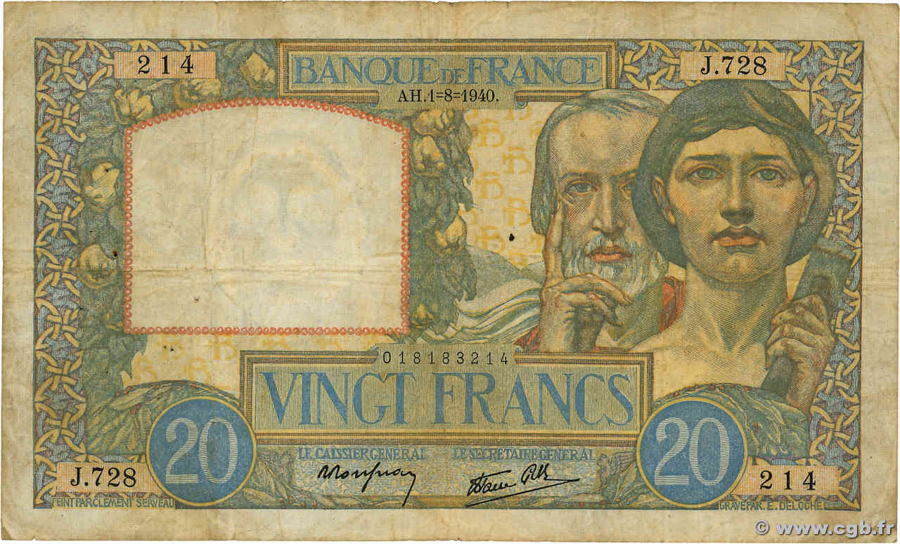 20 Francs TRAVAIL ET SCIENCE FRANCE  1940 F.12.05 F-