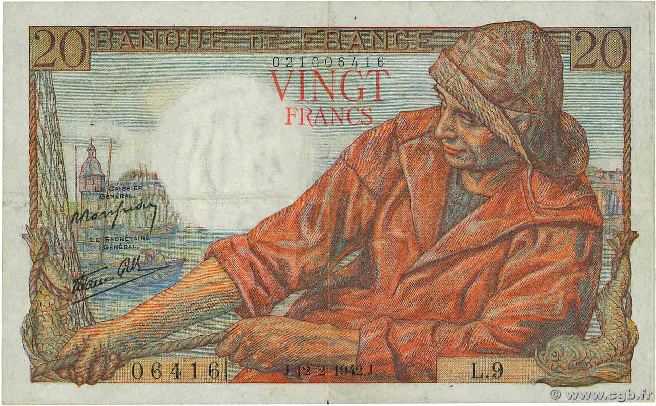 20 Francs PÊCHEUR FRANCIA  1942 F.13.01 MBC