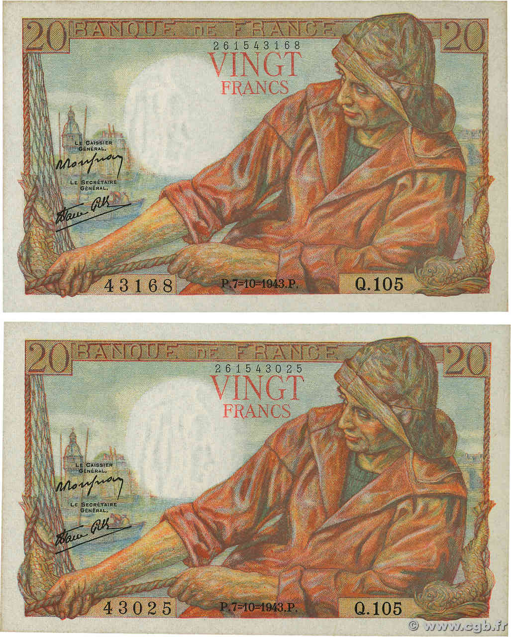 20 Francs PÊCHEUR Lot FRANCE  1943 F.13.07 UNC-