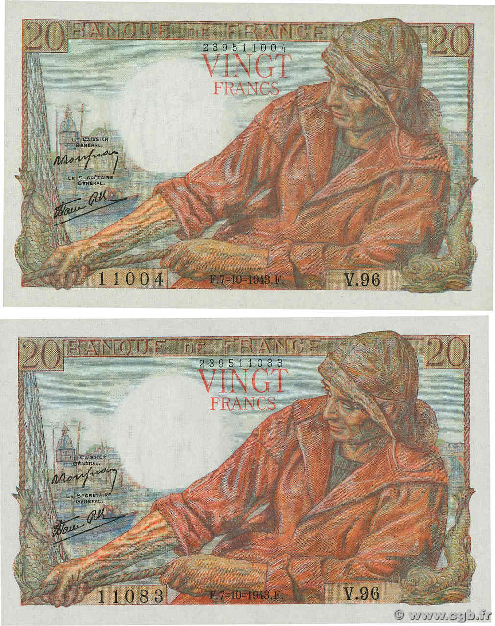 20 Francs PÊCHEUR Lot FRANCIA  1943 F.13.07 SC+