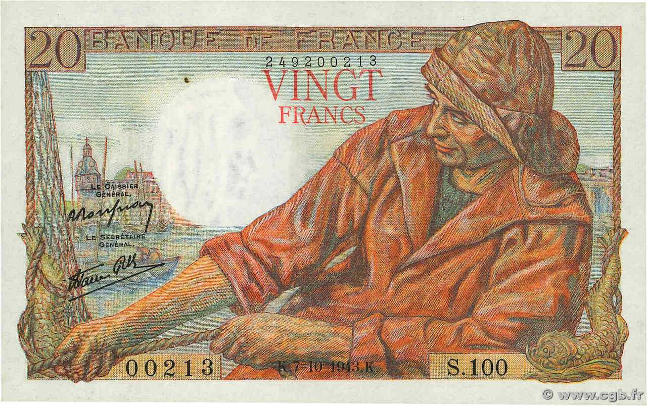 20 Francs PÊCHEUR FRANKREICH  1943 F.13.07 fST