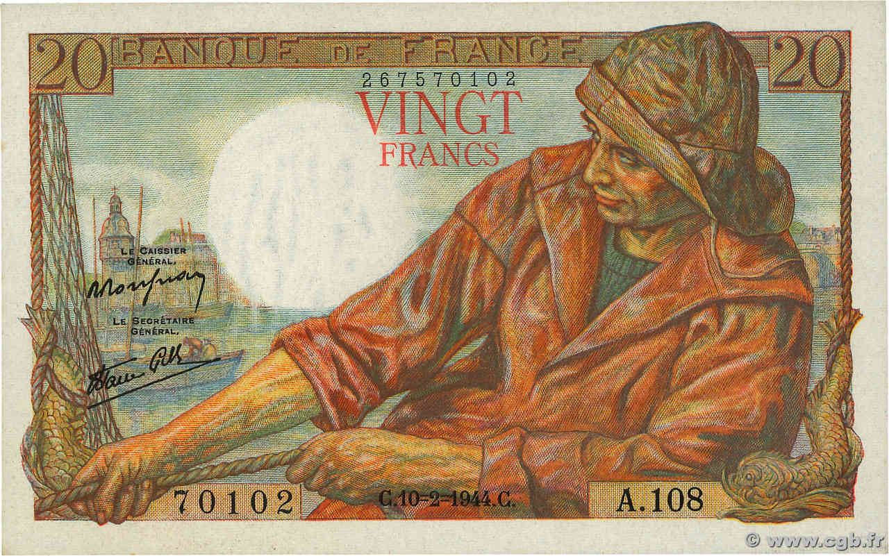 20 Francs PÊCHEUR FRANCE  1944 F.13.08 UNC