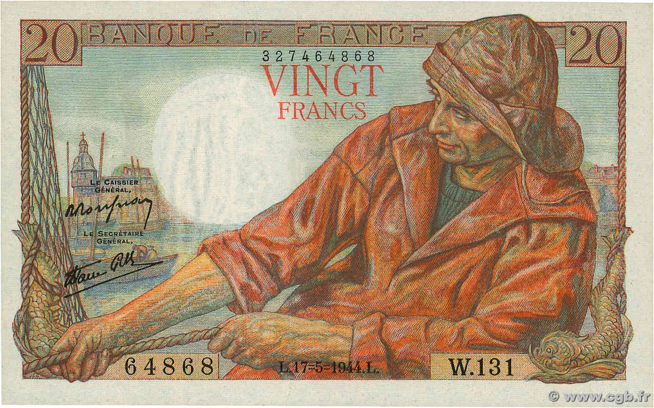 20 Francs PÊCHEUR FRANCE  1944 F.13.09 UNC