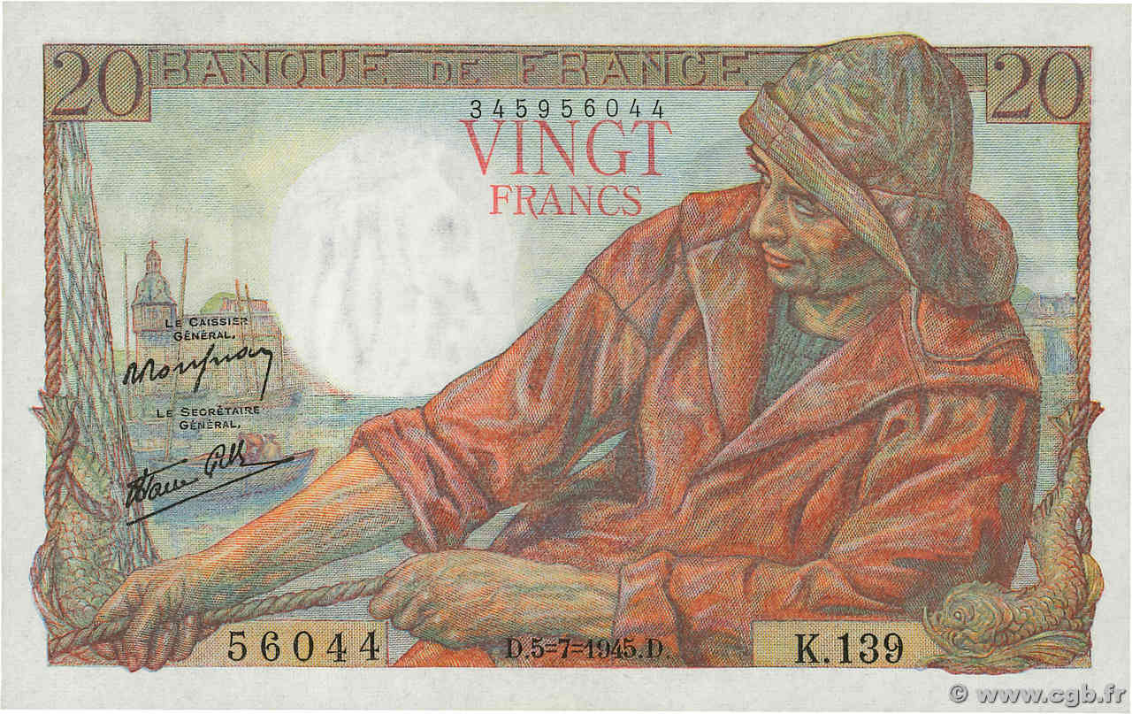 20 Francs PÊCHEUR FRANCE  1945 F.13.10 pr.NEUF